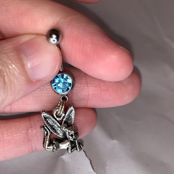 Tink Fairy with Aqua Blue gem, Fairy Design Dangle Belly Ring - Picture 5 of 15